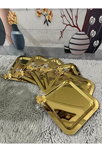 Fabrication 6'Lı Kare Tek Taraflı Gold Kelebekli Titanyum Kaplama Sunum Tepsisi
