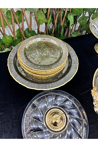 EVRA Cam Füme Gold Renk Ayaklı Pasta Tabaklı Kapaklı İkramlık Sunumluk Kek Fanusu Seti