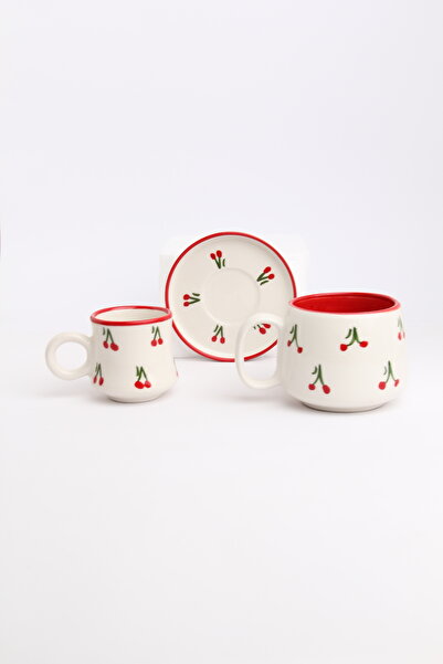 Gezdikçe Bilelim My Dear Self Series Cherry Pattern, Handmade Ceramic and Mug Set, Mug, Hand Made