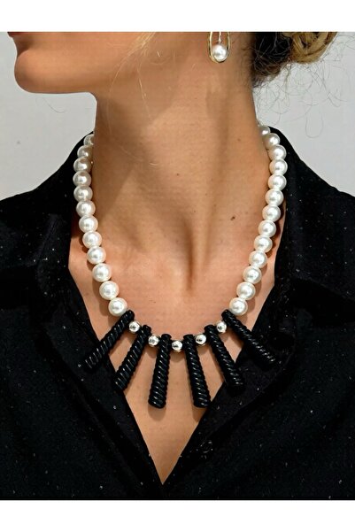 COCOSH TAKI قلادة سوداء حديثة بتصميم لؤلؤي باروكي مفصل