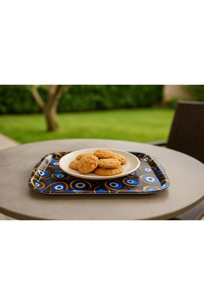 ATAGİFT HEDİYELİK Evil Eye Bead Patterned Metal Tray Tea Coffee Tray - Presentation Tray Small Size