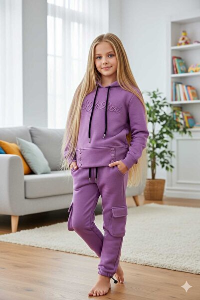 Amur Trendy Girls Solid Color Embroidered 3-Thread Hooded Sweatshirt Set 2-Piece Bottom Top