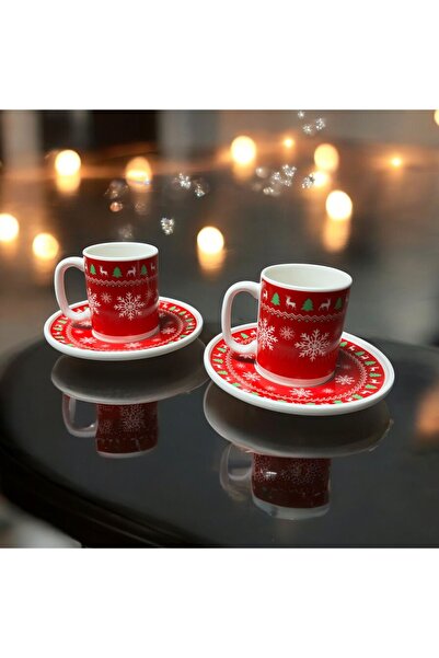 Turkuaz Porselen Yılbaşı Desenli 2’li 4 parça Kahve Fincan Takımı