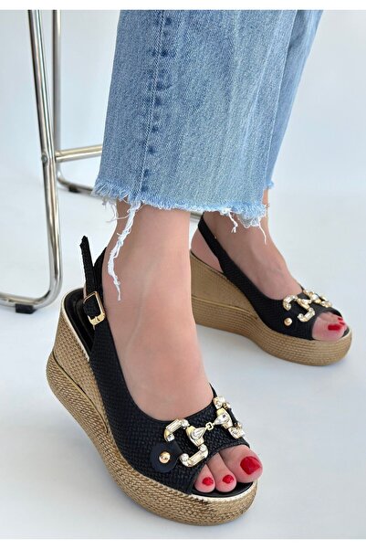 Kanonik Education Caver Black Leather Wedge Heel Sandals