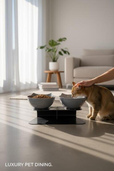 YAPAY ÇİÇEKÇİNİZ 28 cm Siyah ve Antrasit Renkli Lüks Beslenme Kedi Mama ve Su...