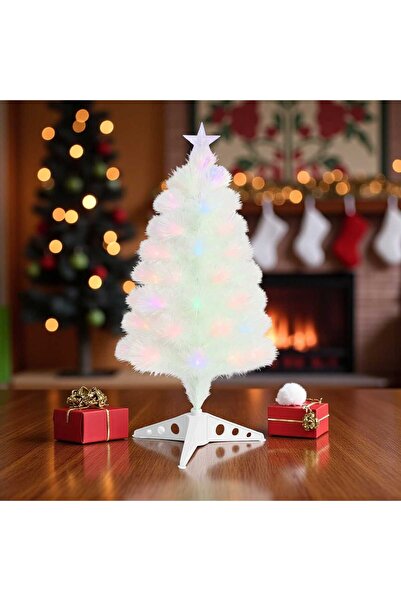 de Artificial White Christmas Tree 60 cm with 50 Multicolored LED Lights and Decorative Star, Stable Stand