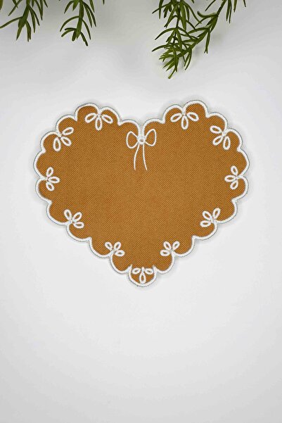 decofav Heart Shape Mustard Fabric White Embroidered Cloth Cocktail Napkin 1 Piece