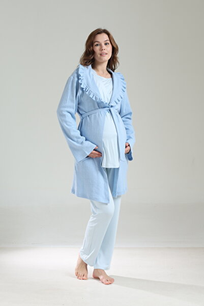 Lohussa Women's Blue Jacquard Shawl Collar Lace Winter Special Design Maternity Pajama Set
