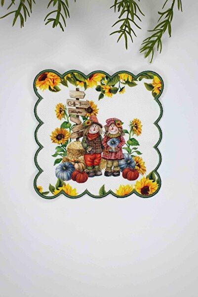 decofav Ayçiçekli Çiftçi Desenli Kenarı Yeşil Nakışlı Dijital Baskılı Kokteyl...