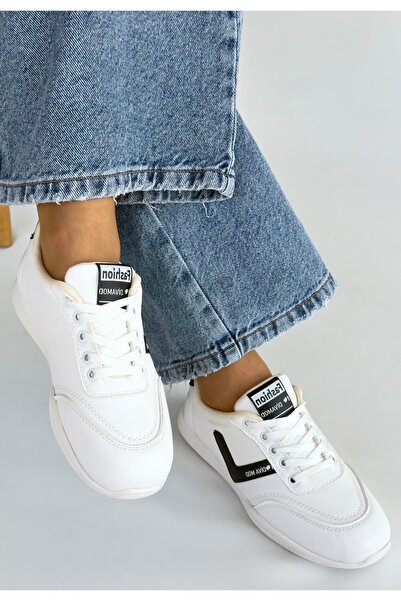 Kanonik Education Jowen White Leather Black Detailed Lace-Up Sneakers