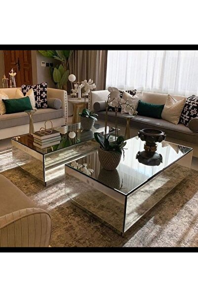 LUXURY VİLLA LUXURY KOMPLE GÜMÜŞ AYNALI 2Lİ ORTA SEHPA 45X90 YÜKSEKLİK 40CM