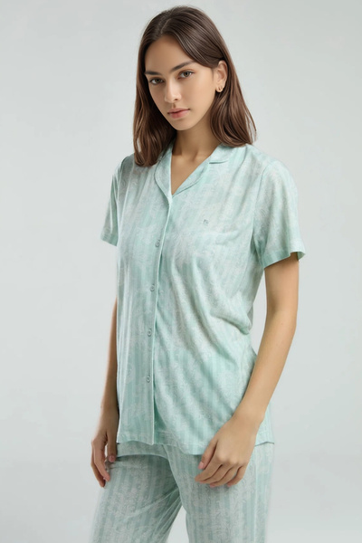 Pierre Cardin Women's Buttoned Pajama Set – Mint Green, Short Sleeves