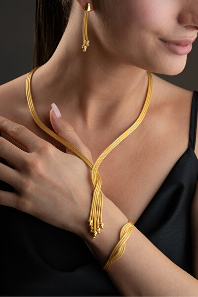 Silvano Jewelry 925 Ayar Gümüş Altın Kaplama Hasır Set