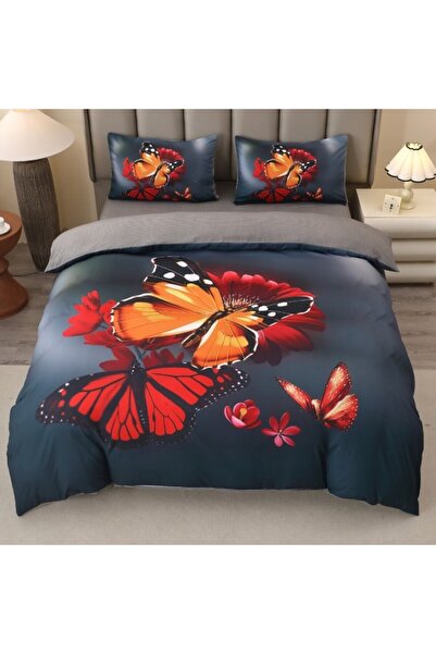 CumparaMisim Double Bed Linen Set Finet 5D Digital Print, Elastic, 4 Pieces, Gray Butterflies