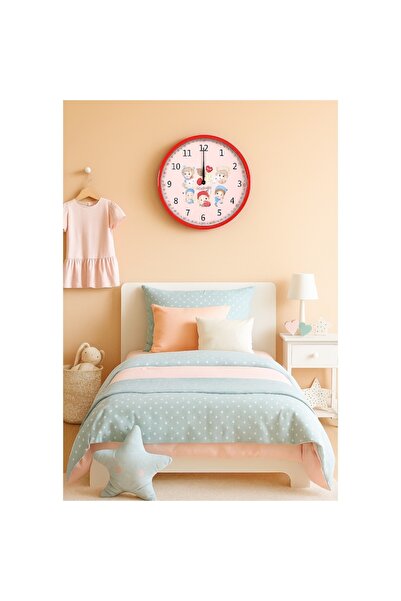 OEM Wall clock for girls, ideal for children's rooms, silent, red with kittens, 30 cm