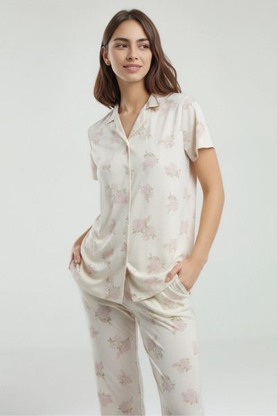 Pierre Cardin Women's Floral Print Pajama Set – Short Sleeve Button down Top, Cream Color
