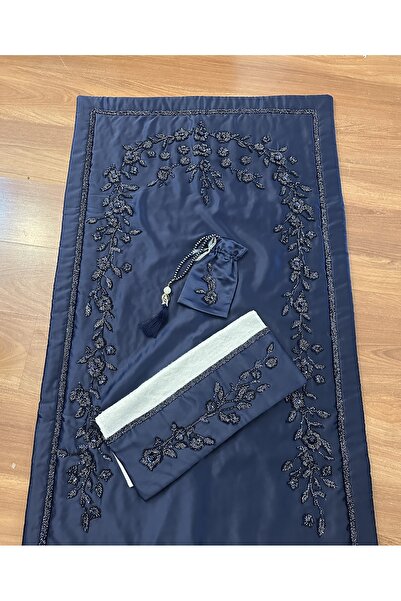 sbcceyiz LACİVERT İPEK SATEN TAŞ İŞLEMELİ SECCADE SETİ