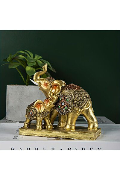 e-life shop Lüks İşlemeli Anne Yavru Fil Heykeli Feng Shui Şans Getiren Dekor...