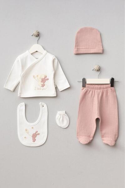 Bebitof 100% Cotton Hugging Teddy Bear Rabbit Patterned 5-Piece Newborn Hospital Discharge Bodysuit Set Bbtf.Ks