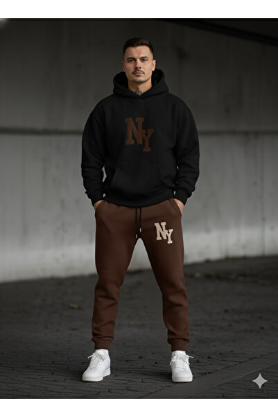 Hooded New York Printed 100% Cotton Full Winter Complete Raised Oversized Tracksuit Bottom Top Set