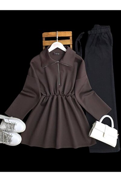 ŞAHİN TESETTÜR GİYİM BELİ LASTİKLİ FERMUARLI KIVRIK YAKA TUNİK 5649