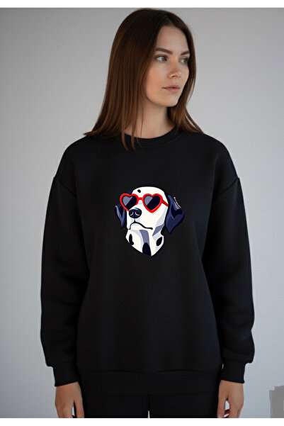 LORVEX Swea tricou negru supradimensionat cu imprimeu câine cu ochelari roșii