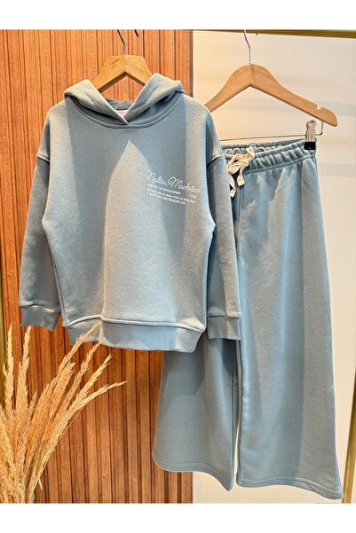 Magu Girl's Cotton Smoked Hooded Sweatshirt and Wide Leg Sweatpants Set – Minimal Lettering Printed Comfortable