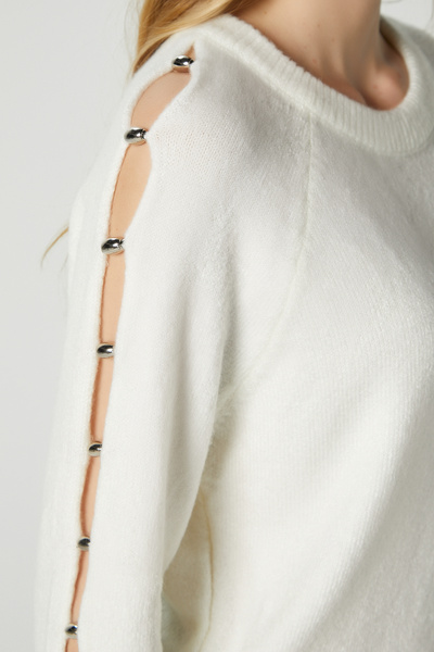 Ritnice Women's Raise Sleeve Detail Ecru Knitwear Sweater 8667