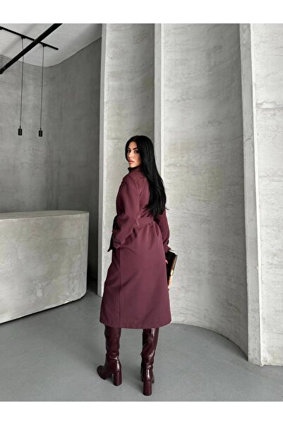 Narstorm Women's Belted Plum Lined Sleeve Epaulettes Double-Breasted Collar Trench Coat