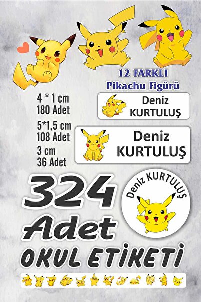 Vice isim Baskılı Defter Kalem Okul Etiketi (324 Adet Pikachu Temalı Etiketi )