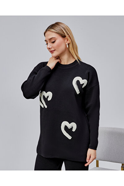 Jinx Wear Fashion Women's Heart Screen Printing Pearl Embroidery Detail Knitwear Sweater Pants Two-Piece Set