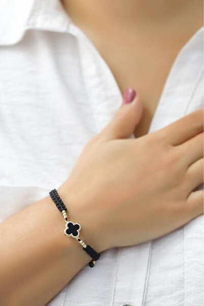 aytekgold 14 Ayar Siyah Mineli İpli Yonca Bileklik