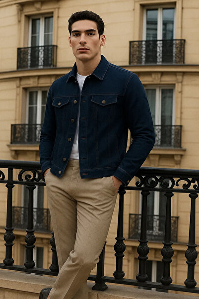 comstar Men's Casual Transitional Premium Trend Navy Blue Denim Jacket