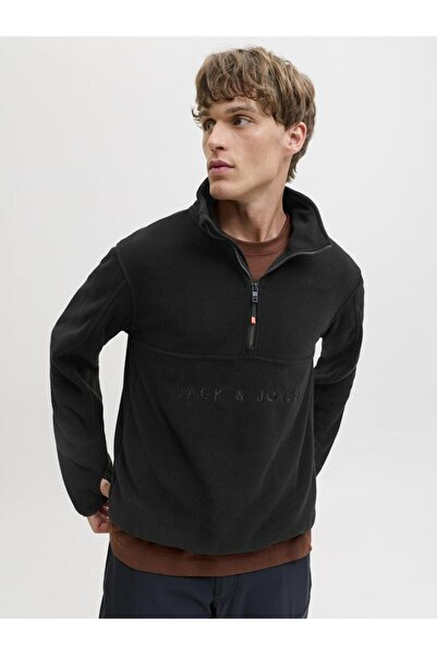 Jack & Jones Ανδρικό μαύρο μπουφάν Jjalpes Half Zip Fleece Jacket Aw25 Polar 12284828-Blackbeau