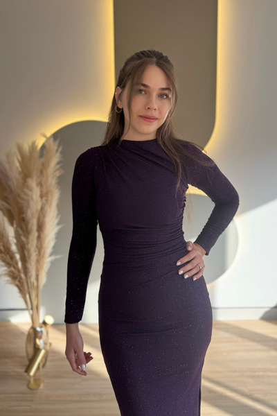 Aventien Draped Slit Long Sleeve Glitter Purple Midi Dress