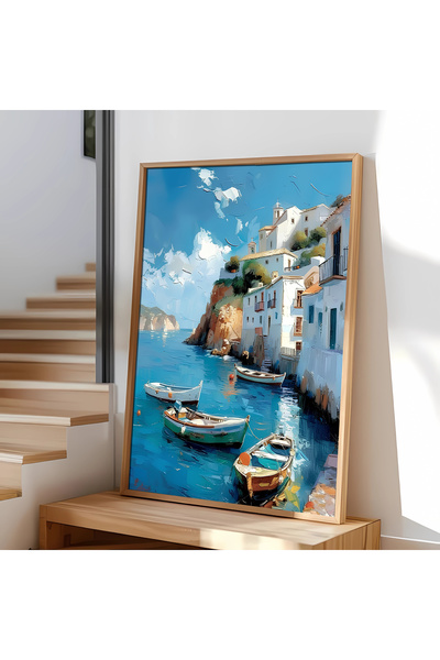 alphobitasarım Palet Bıçağı Tekniği Tarzını Yansıtan Akdeniz Kasabası - Yağlı Boya Görünümlü - Tekli Tablo