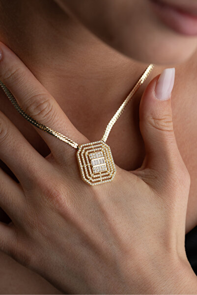 Silvano Jewelry 925 Ayar Gümüş Altın Kaplama Baget Taşlı İthal Zincirli Kolye