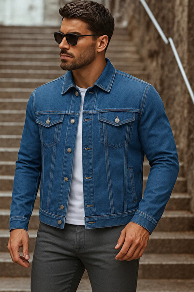 comstar Men's Transitional Basic Daily Trend Dark Blue Denim Jacket