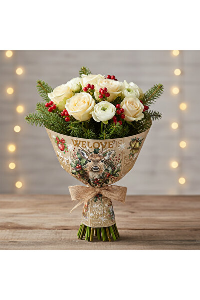 COLORPAK Deer Winter Themed Floral Wrapping Paper / Snowflake Patterned New Year Bouquet Packaging 55X55Cm 10 Pieces