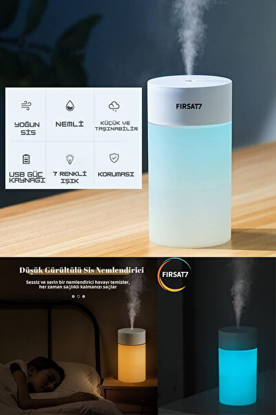 Fırsat7 Mini RGB Hava Nemlendirici Ultra Sessiz Aroma Difüzör 260 ML Ledli Ev...
