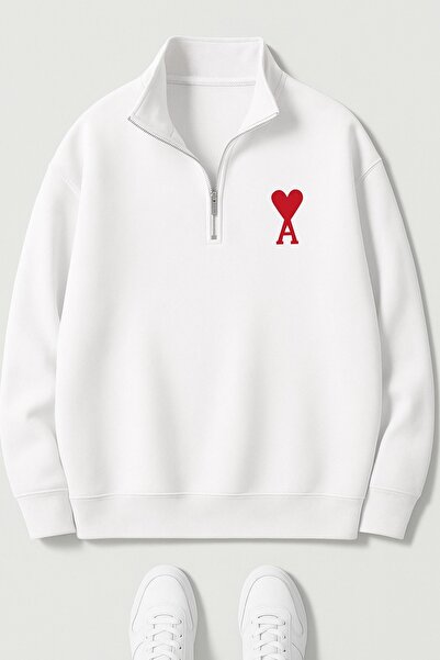 OVER HEAD Women's Black a Heart Printed Half Zippered Stand Collar Sweatshirt