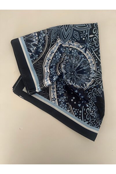 BusradanDesign شال من الساتان منقوش باللون الأزرق الداكن مقاس 70x180