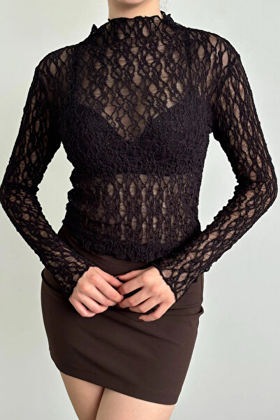 MİROR Women's Black Long Sleeve Half Turtleneck Lace See-Through Blouse