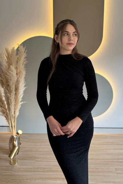 Aventien Draped Slit Long Sleeve Silvery Black Midi Dress