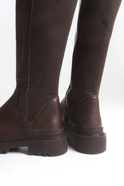 LEVONYA Γυναικείες ελαστικές καθημερινές μπότες μέχρι το γόνατο από ύφασμα καφέ χρώματος