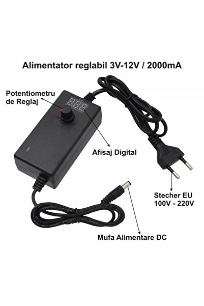 ElectroAZ Sursă de alimentare reglabilă, reglare a tensiunii, mufă CC 2,1 mm, 3V-12V CC, 2A