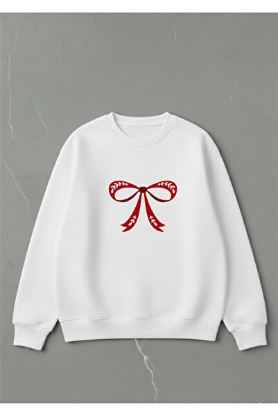 LORVEX Новогодишна концепция Огромна бяла блуза с качулка и червена перфорира...