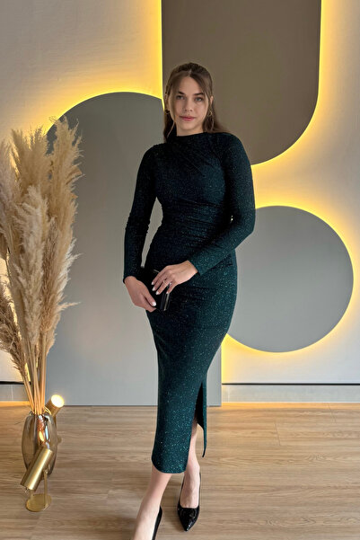 Aventien Draped Slit Long Sleeve Glitter Dark Emerald Midi Dress