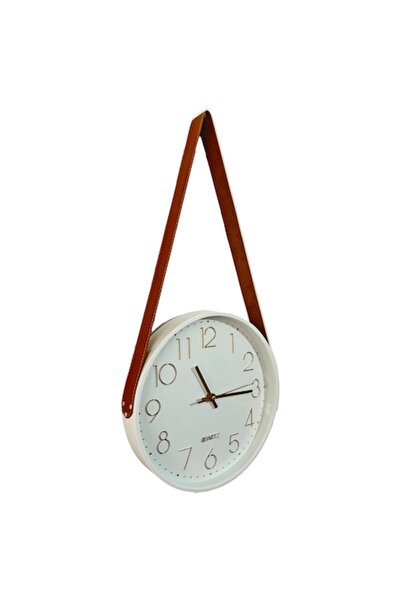 OEM Wall clock, Modern with removable leather strap hanger, White with Gold, 30cm