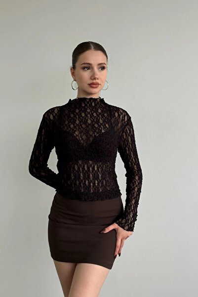 MİROR Women's Black Long Sleeve Half Turtleneck Lace See-Through Blouse